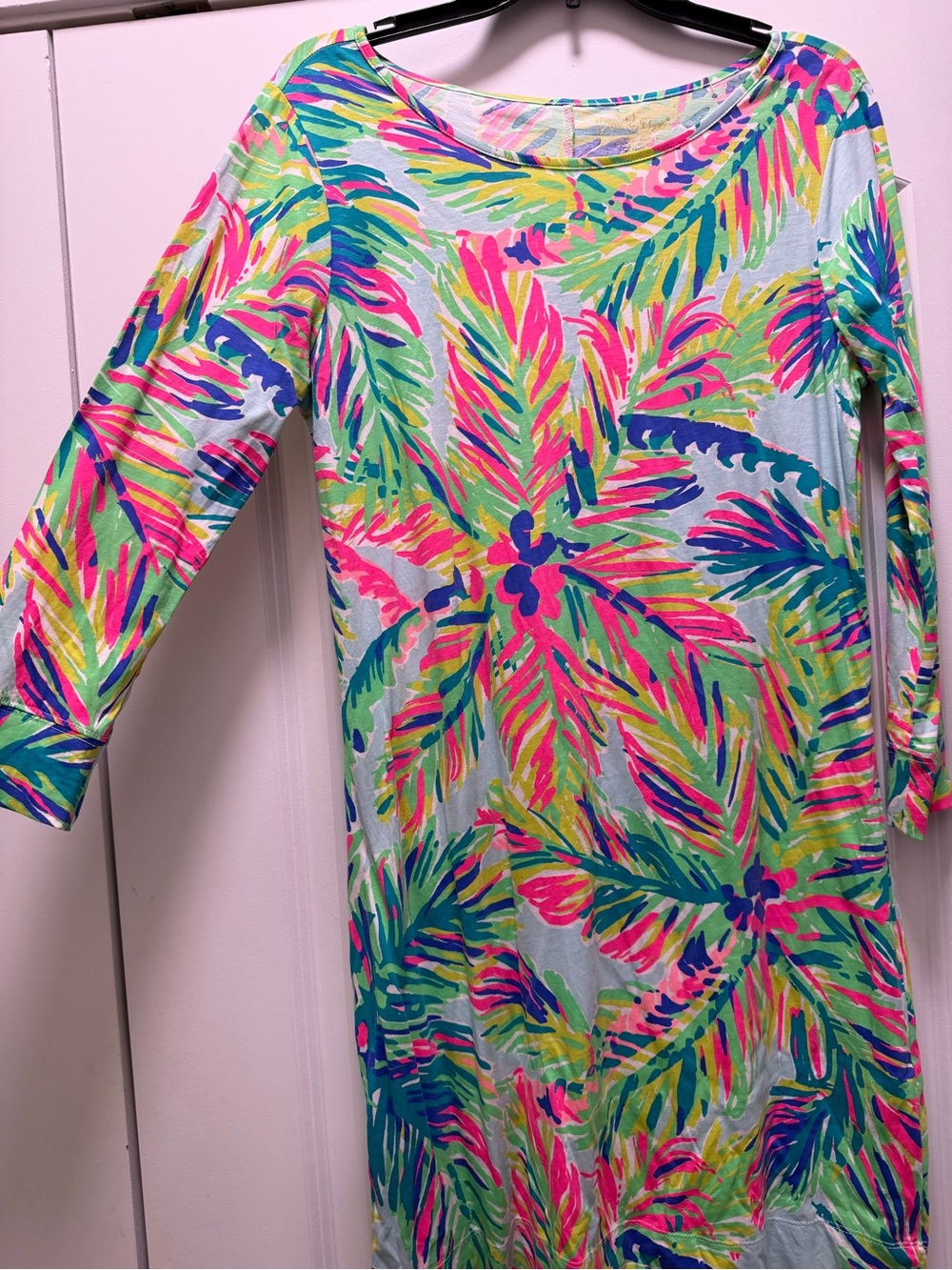 Lilly Pulitzer Tropical Leaf Print Dress in Aqua, Pink, Green - Picture 2 of 3